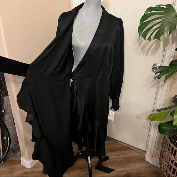 NWT Rachel Parcell Black Satin Wrap Ruffle Dress - Picture 8 of 13